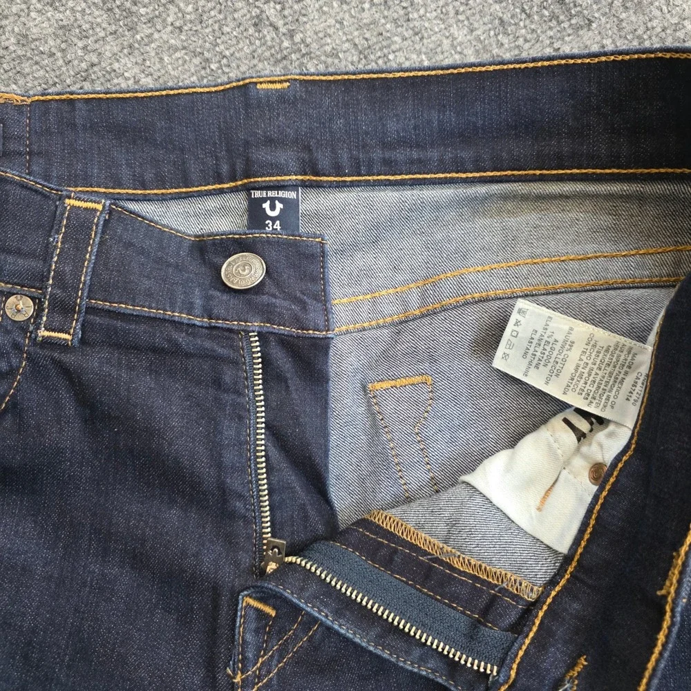 True Religion Geno Relaxed Slim Jeans Men 34X33 Dark Blue No Flap Stitch Stretch